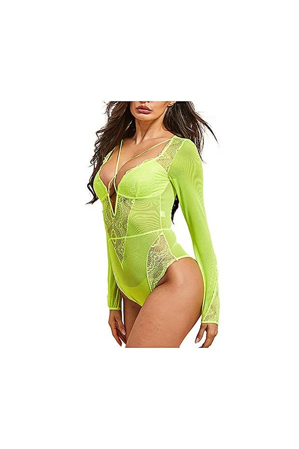 Générique Generic Dames Lingerie Dentelle Col V Profond Perspective Lingerie Sexy Manches Longues sous-Vêtements Sexy Babydol