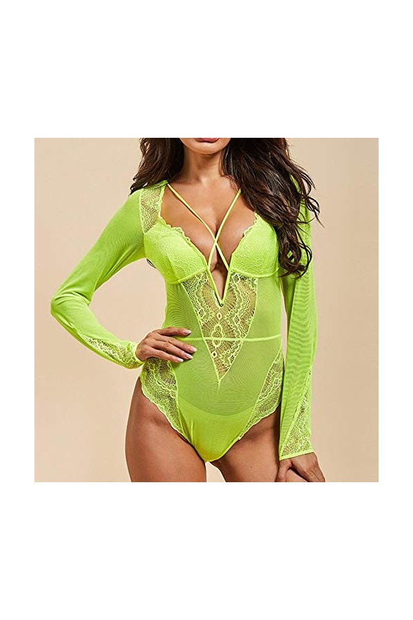 Générique Generic Dames Lingerie Dentelle Col V Profond Perspective Lingerie Sexy Manches Longues sous-Vêtements Sexy Babydol