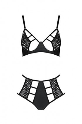 Passion Ensemble de lingerie 2 pièces en cuir synthétique extensible avec découpes 2XL/3XL, Noir , XXL-3XL