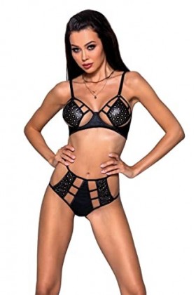 Passion Ensemble de lingerie 2 pièces en cuir synthétique extensible avec découpes 2XL/3XL, Noir , XXL-3XL
