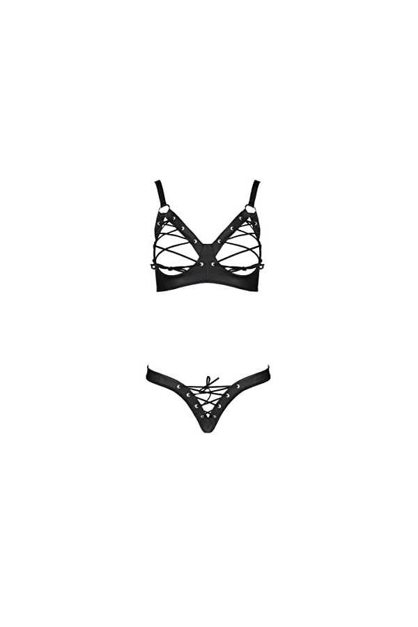 Passion Ensemble de lingerie en cuir synthétique avec lacets ouvert L/XL, Noir , L/XL