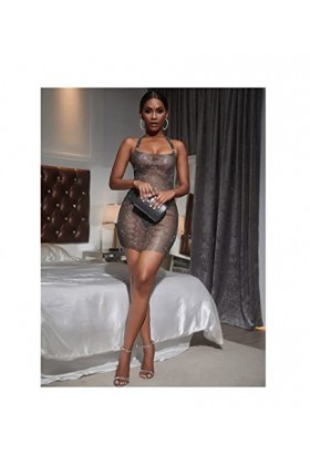 Robe métallique Sexy Halter Col, Robe métallique Sexy Halter Open Cami Mini Mini Club Party Robe Sheer Color : Black, Size :