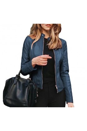 Fjnbbiot Veste Dautomne Manteau Vestes En Cuir PU Mode Manteau Court Veste Mince Manteau De Moto Mince Denim Blue XL