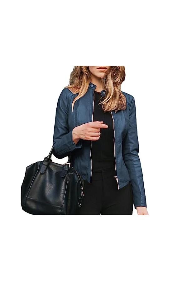 Fjnbbiot Veste Dautomne Manteau Vestes En Cuir PU Mode Manteau Court Veste Mince Manteau De Moto Mince Denim Blue XL