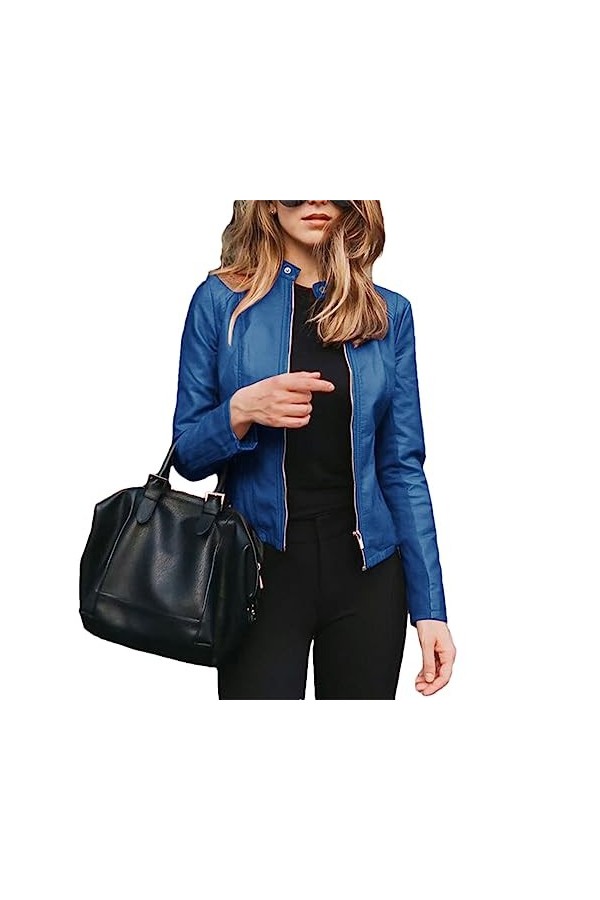Fjnbbiot Veste Dautomne Manteau Vestes En Cuir PU Mode Manteau Court Veste Mince Manteau De Moto Mince Denim Blue XL