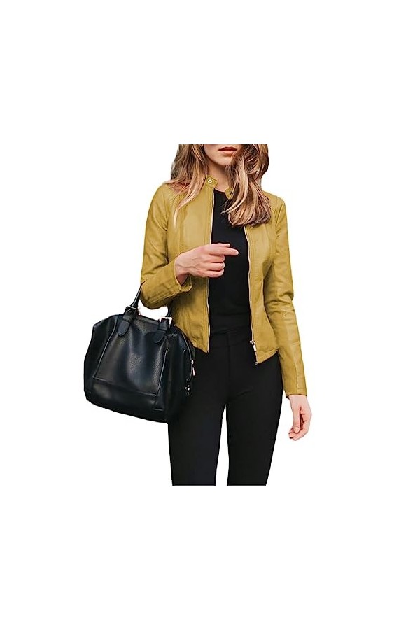 Fjnbbiot Veste Femme PU Veste Courte Mode Automne Hiver Veste Khaki 3XL