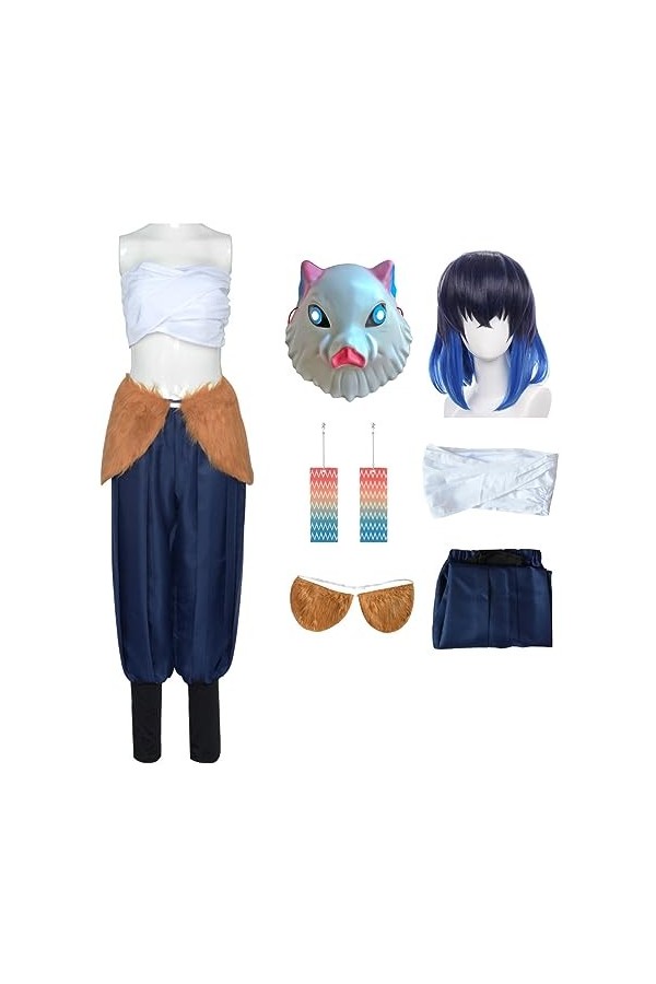 Foanja Déguisement Inosuke Femme Cosplay Demon Slayer Corps Hashibira Inosuke Complet Anime Uniforme avec Masques et Boucles 
