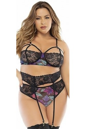 Deux-en-un, nuisette et ensemble trois pièces noir, grande taille, tissu fleur exotique - MAL7496XBLK - 3X/4X, Noir