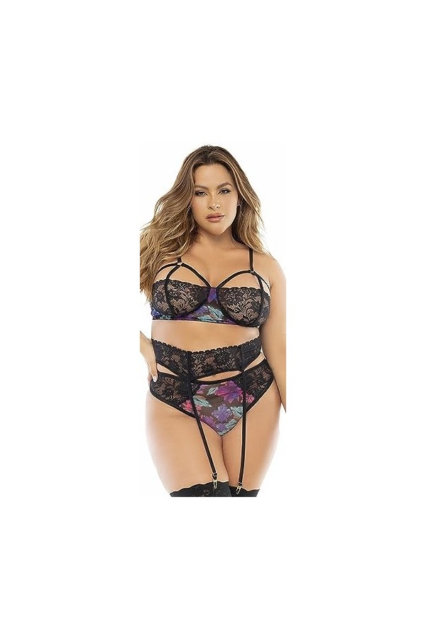 Deux-en-un, nuisette et ensemble trois pièces noir, grande taille, tissu fleur exotique - MAL7496XBLK - 3X/4X, Noir