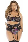 Deux-en-un, nuisette et ensemble trois pièces noir, grande taille, tissu fleur exotique - MAL7496XBLK - 3X/4X, Noir