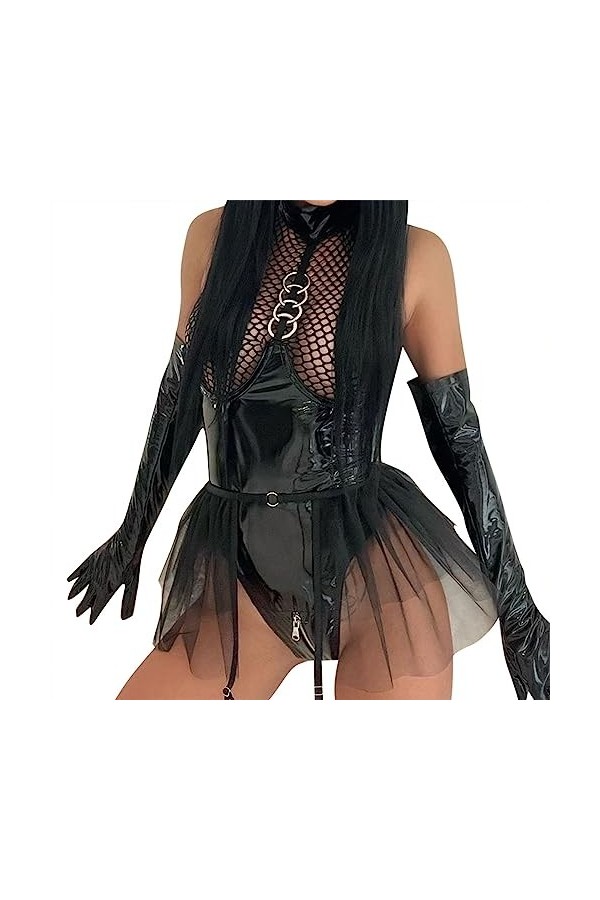 ZTIANEF La grilleLingerie érotique PU chaîne en métal résille exposée Lait Brevet Cuir Sexy façonnage Uniforme, Noir, XL