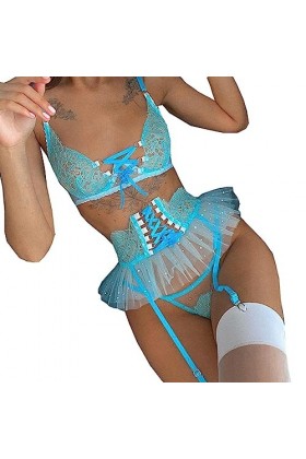 InfirmièreLingerie érotique Contrastant Ensemble Trois pièces à Lacets entrelacés, Bleu, M