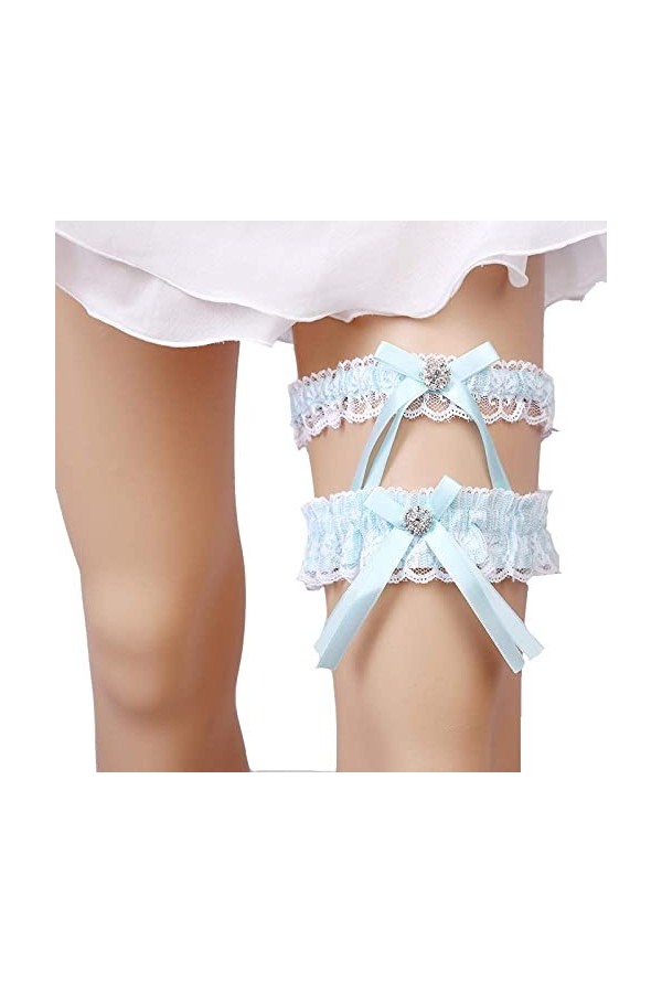 TONZN Jarretière sexy en dentelle élastique pour femme, jarretière sexy avec nœud en dentelle - Bleu ciel - Taille unique - T