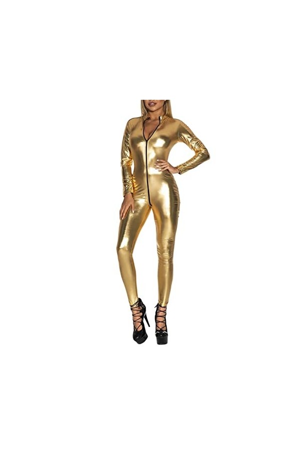 Combinaison en Cuir Verni pour Femme Une Pièce à Manches Longues avec Fermeture éclair Body Complet Brillant Métallique Clubw