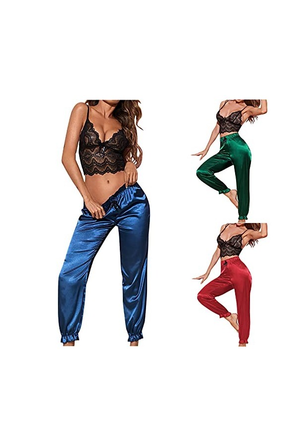 sous-vêtements Sexy Femme Coquine érotique Tenues Femme Sexy Satin Pyjama Fronde Soutien-Gorge Pantalon Long Costume Deux piè