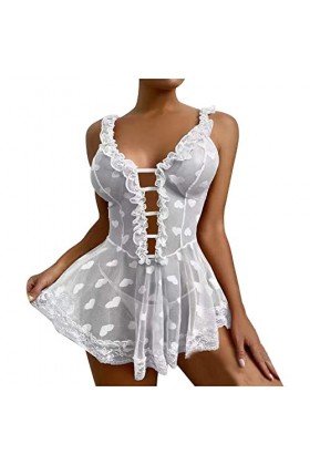 Lingerie Sexy pour Femmes Chemise de Nuit Transparente avec Tongs 2 pièces sous-vêtements Sexy à Volants Voir à Travers la Ch