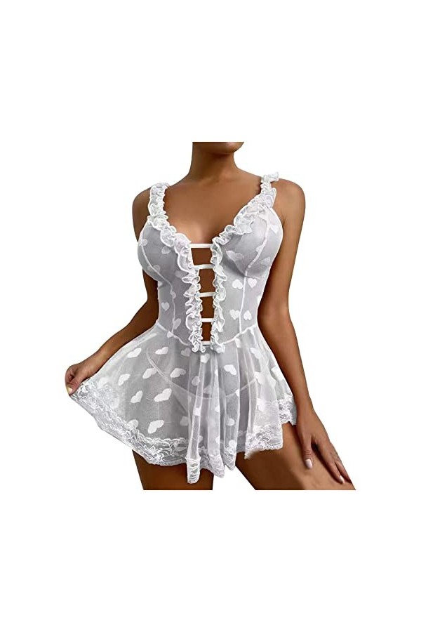 Lingerie Sexy pour Femmes Chemise de Nuit Transparente avec Tongs 2 pièces sous-vêtements Sexy à Volants Voir à Travers la Ch