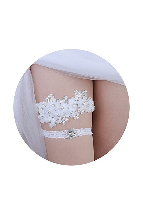 ACiyD Jarretière de Mariage pour Les mariées Jarretières élastiques Perle Strass Cristal Dentelle Jarretières pour Mariage Ac