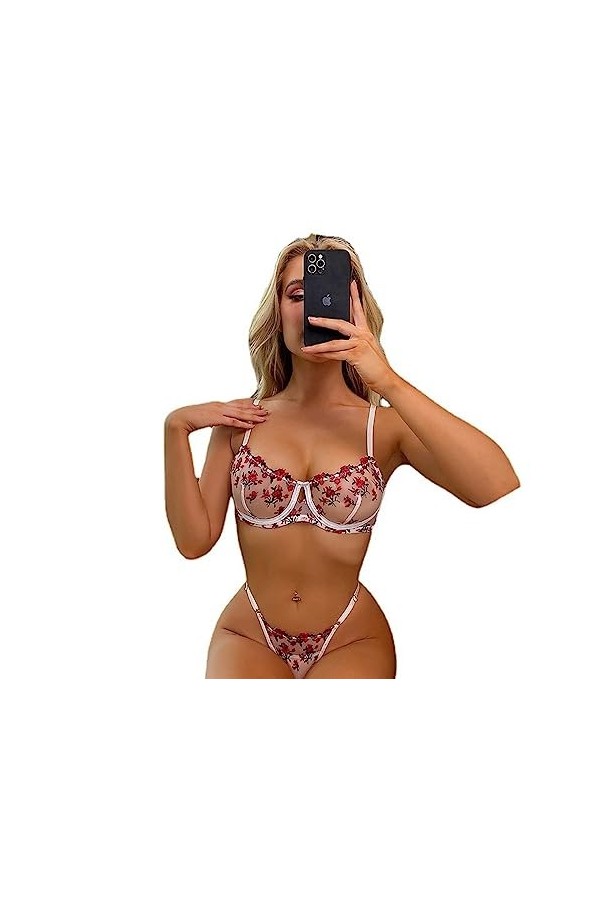 ZTIANEF Bas basSexy Lingerie Dentelle Soutien-Gorge Transparent Bretelle Lingerie érotique sans Dos, Rouge, S