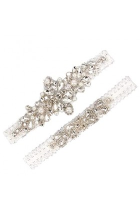 TONZN Lot de 5 jarretières pour robes de mariée - Accessoires de mariage sexy en dentelle avec strass - Blanc - 5 pièces L - 