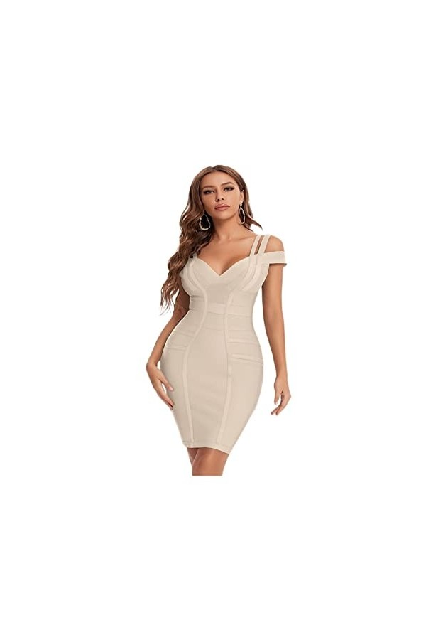 JHOOLE Robe Bandage Vert Col V Double Sangle Party Club Élastique Blanc Rouge Color : Black, Size : XS 