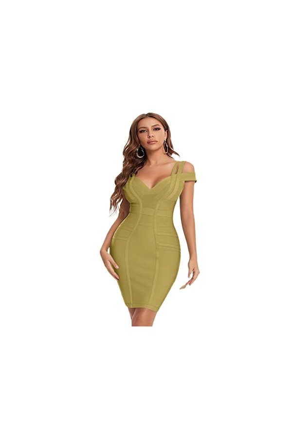 JHOOLE Robe Bandage Vert Col V Double Sangle Party Club Élastique Blanc Rouge Color : Black, Size : XS 