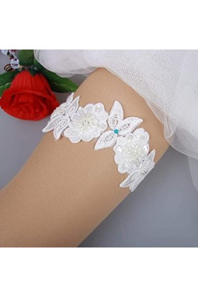 ACiyD Jarretière en Dentelle avec Ornement, Jarretière de Jambe de mariée perlée à la Main-Blanc_XL, Jarretière en Cristal de