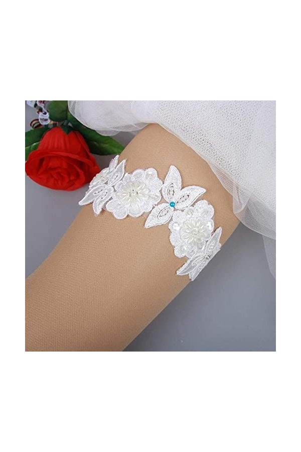 ACiyD Jarretière en Dentelle avec Ornement, Jarretière de Jambe de mariée perlée à la Main-Blanc_XL, Jarretière en Cristal de