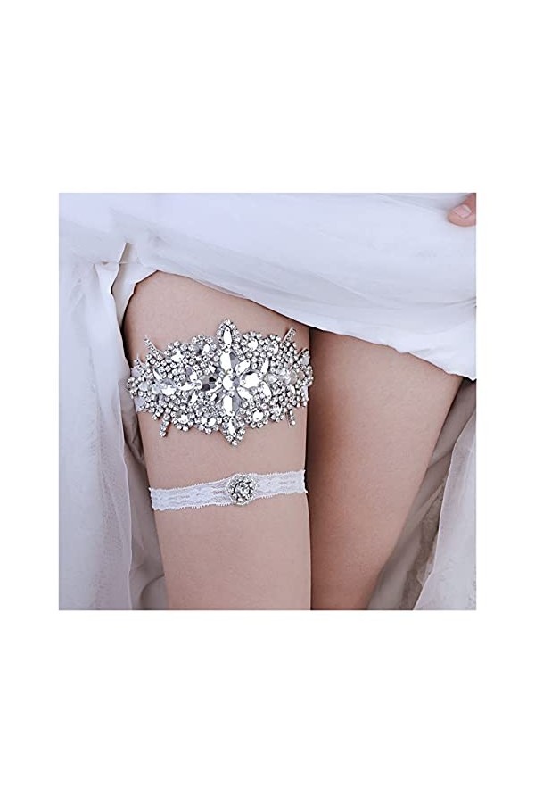 ACiyD Ensemble de jarretière en Dentelle Faite à la Main, Anneau de Cuisse avec Bande de Jambe en Strass, jarretière pour Fem