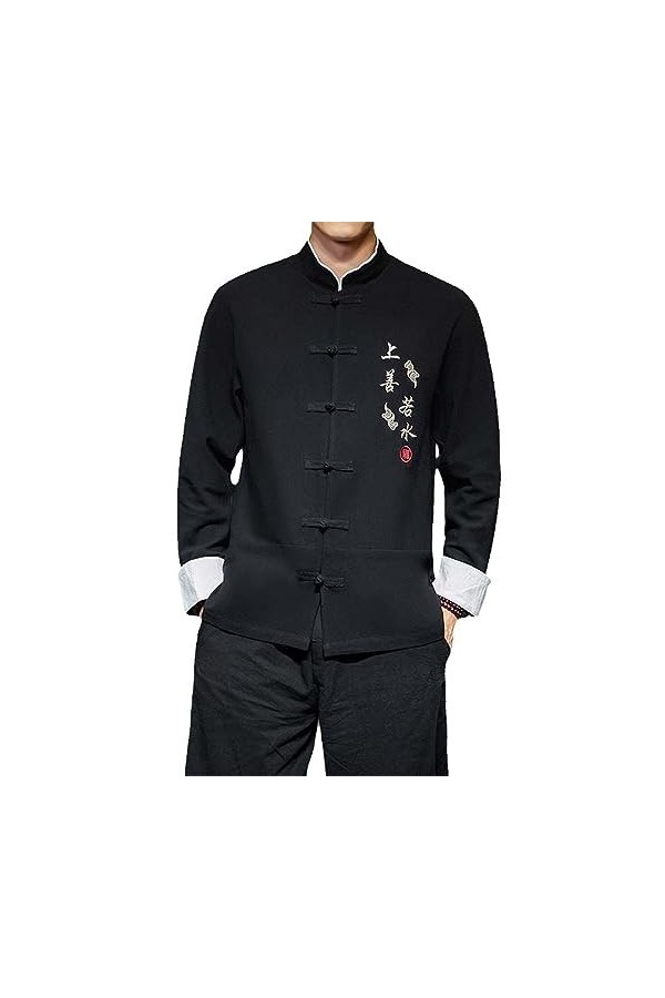 Chemisier à manches longues pour homme - En coton - Broderie Kung Fu - Uniforme de chanfu, Black Shirts, XS