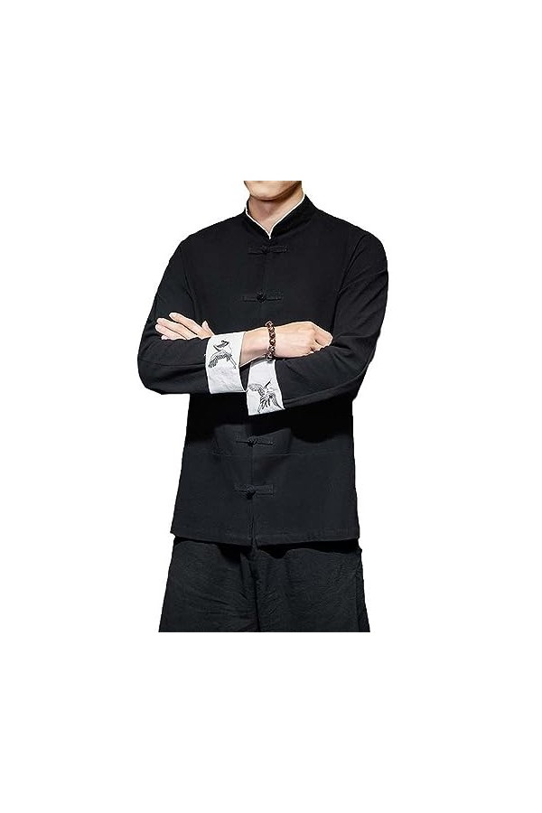 Chemisier à manches longues pour homme - En coton - Broderie Kung Fu - Uniforme de chanfu, Black Shirts, XS