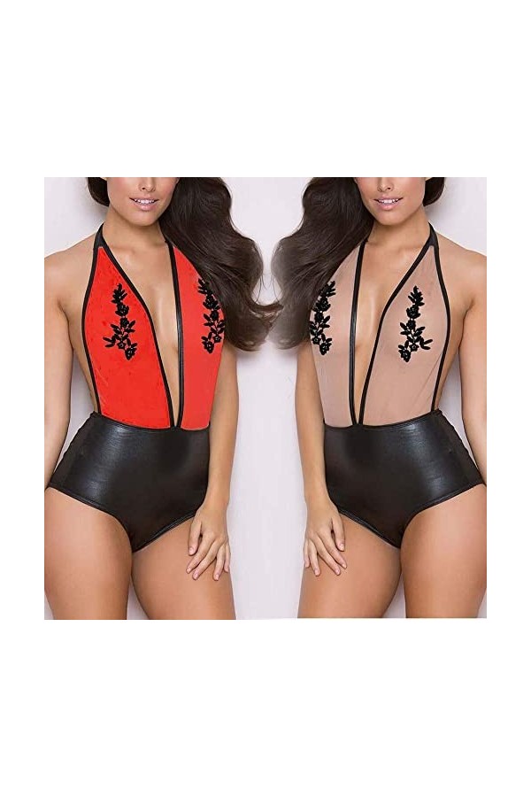 Générique Generic sous-vêtements Sexy pour Femmes Femme Dentelle Fleur Lingerie Sexy Vêtements de Nuit Dos Nu et Bodys Rouge