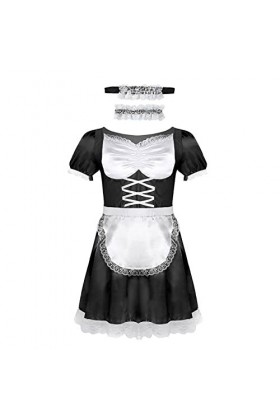 Sissy Uniforme de soubrette française sexy en satin avec ras du cou et serre-tête Type A Noir Taille L