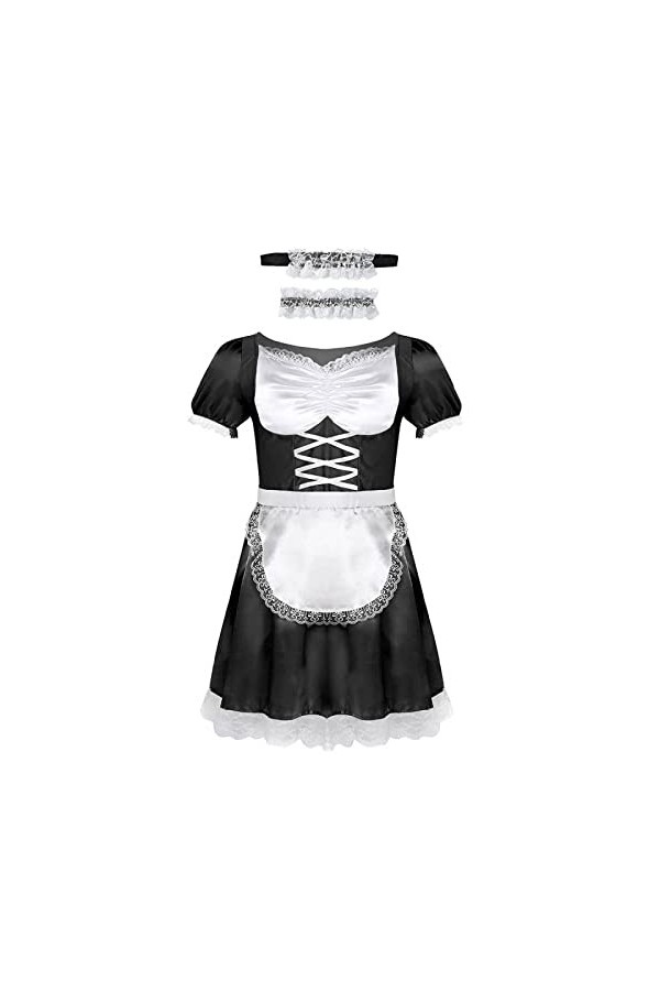 Sissy Uniforme de soubrette française sexy en satin avec ras du cou et serre-tête Type A Noir Taille L