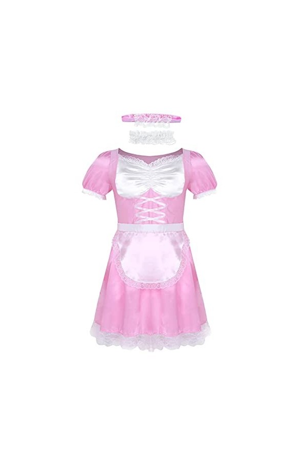 Sissy Uniforme de soubrette française sexy en satin avec ras du cou et serre-tête Type A Noir Taille L