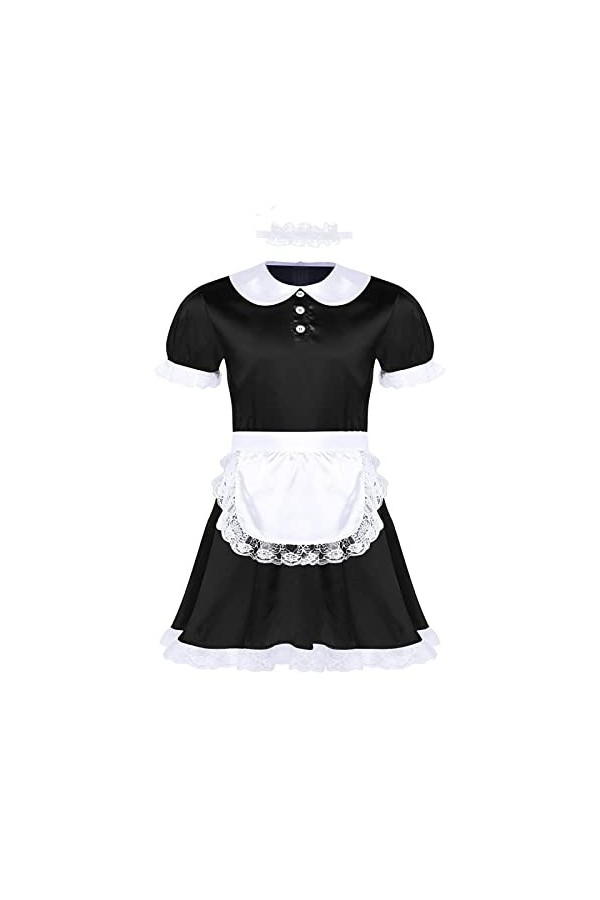 Sissy Uniforme de soubrette française sexy en satin avec ras du cou et serre-tête Type A Noir Taille L