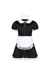 Sissy Uniforme de soubrette française sexy en satin avec ras du cou et serre-tête Type A Noir Taille L