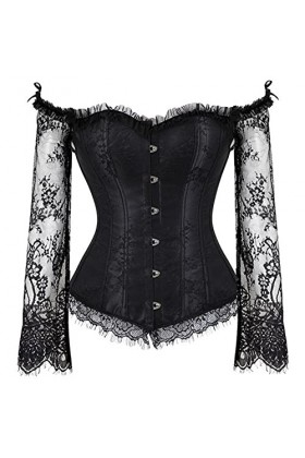 TTCI-RR Bustiers Corsets - Corset sexy à manches longues pour femme - Corset sexy en dentelle - Tailles S-2XL - Couleur : noi