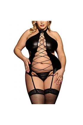 OQHAIR Pyjama Érotique Bandage Érotique Lingerie en Cuir PU Évider Plus Taille Sexy Babydoll Noir Lingerie Érotique Porno Cos