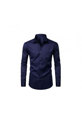 Hommes Casual Slim Fit Hommes Chemises Habillées Solide Couleur Élastique Bouton Up Social Homme Chemises avec Poche 020 Ble