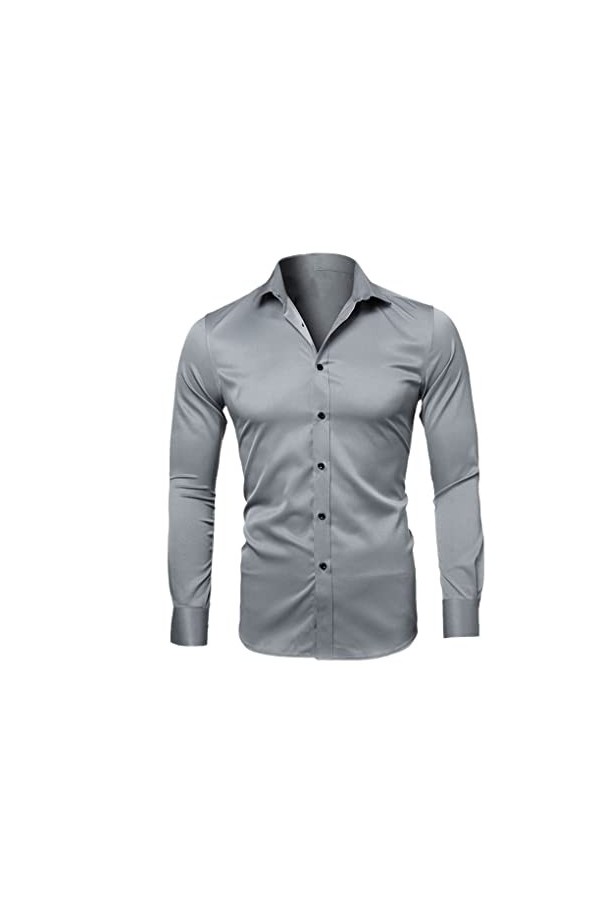 Hommes Casual Slim Fit Hommes Chemises Habillées Solide Couleur Élastique Bouton Up Social Homme Chemises avec Poche 020 Ble