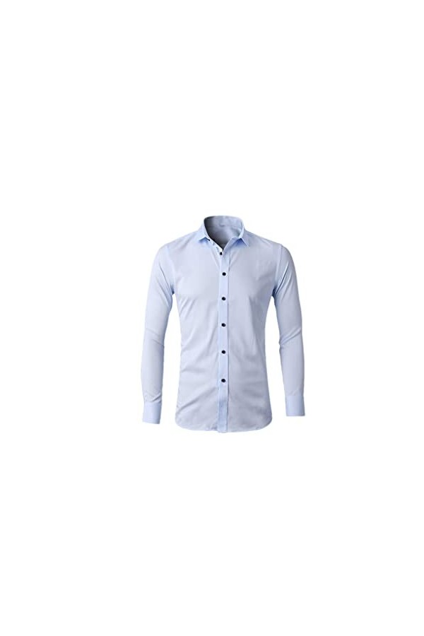 Hommes Casual Slim Fit Hommes Chemises Habillées Solide Couleur Élastique Bouton Up Social Homme Chemises avec Poche 020 Ble