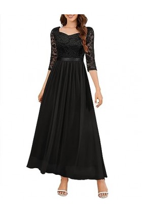 Wedtrend Robe de soirée élégante en mousseline de soie avec col en V et dentelle, Noir , M