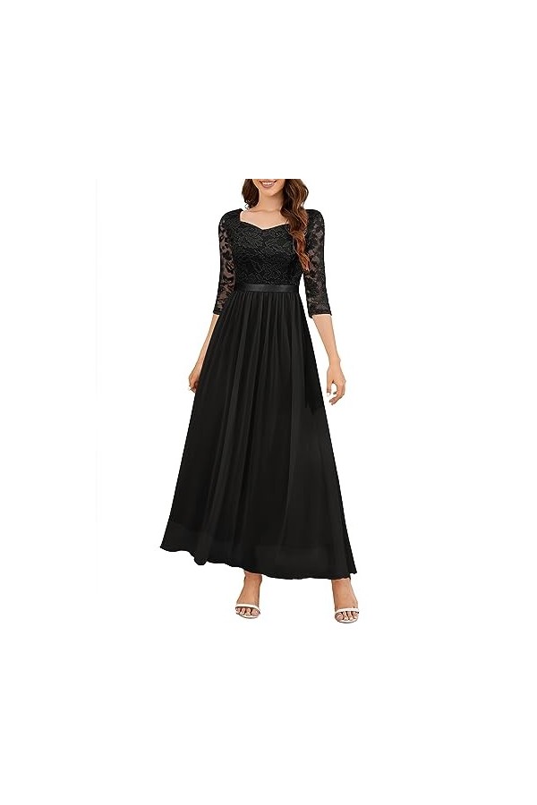 Wedtrend Robe de soirée élégante en mousseline de soie avec col en V et dentelle, Noir , M