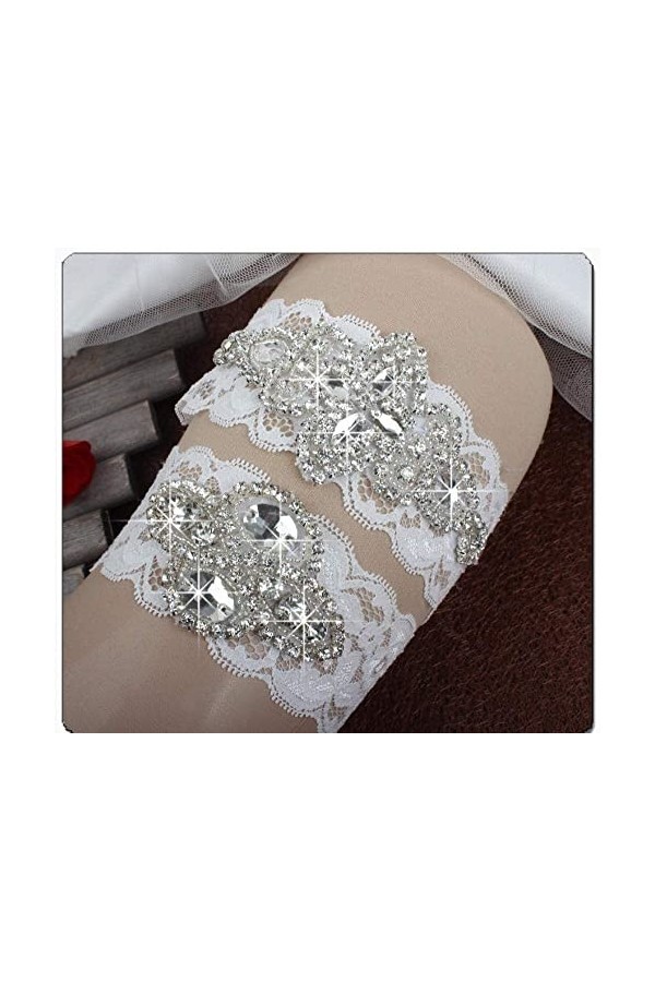 TONZN Lot de 5 porte-jarretelles florales en dentelle avec strass de haute qualité - Blanc_5 pièces - Cadeau de mariage Blan