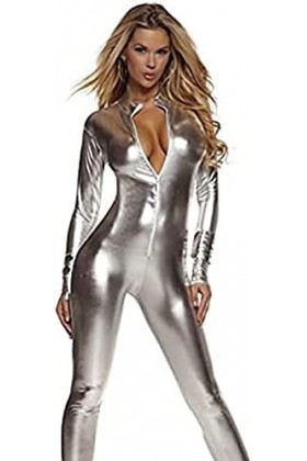 Femmes Brillant À Manches Longues Body Night Party Fermeture À Glissière Lingerie Sexy Wetlook Catsuit,Noir,Petit
