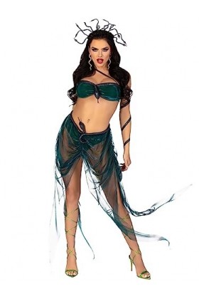 Leg Avenue 4 PC Medusa, includes iridescent asymmetrical bra top with stuffed snake accent, skirt with built in panty and sna