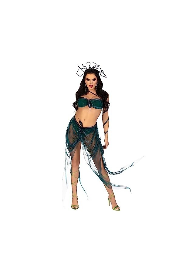 Leg Avenue 4 PC Medusa, includes iridescent asymmetrical bra top with stuffed snake accent, skirt with built in panty and sna