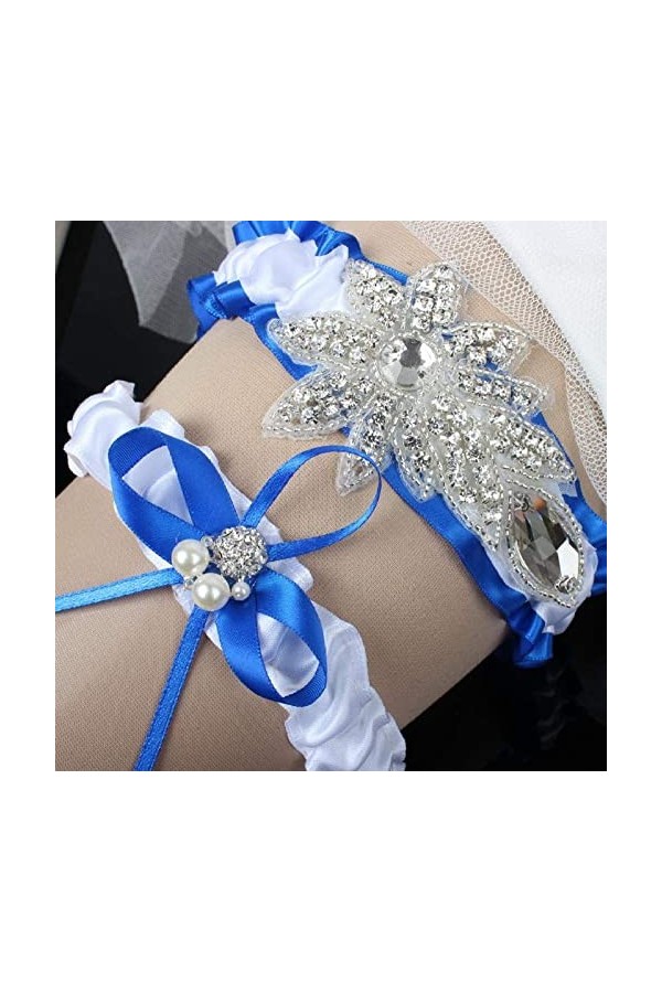 Jarretière en dentelle de ruban de satin, porte-jarretelles en maille extensible de mariée bleu royal de luxe haut de gamme-B