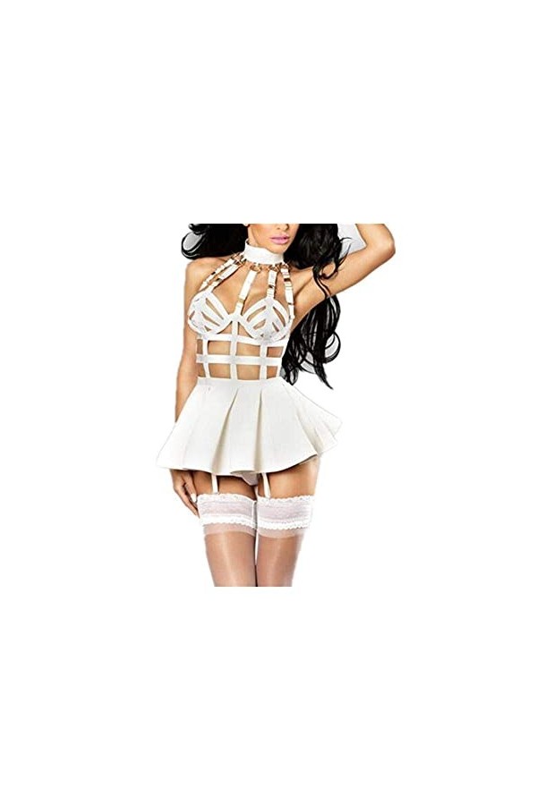 OQHAIR Femmes Baby Dolls Date Faux Cuir Bandage Blanc Mini Robe Sexy Évider PU Rivet Lingerie Clubwear Pole Dance Costume Bl